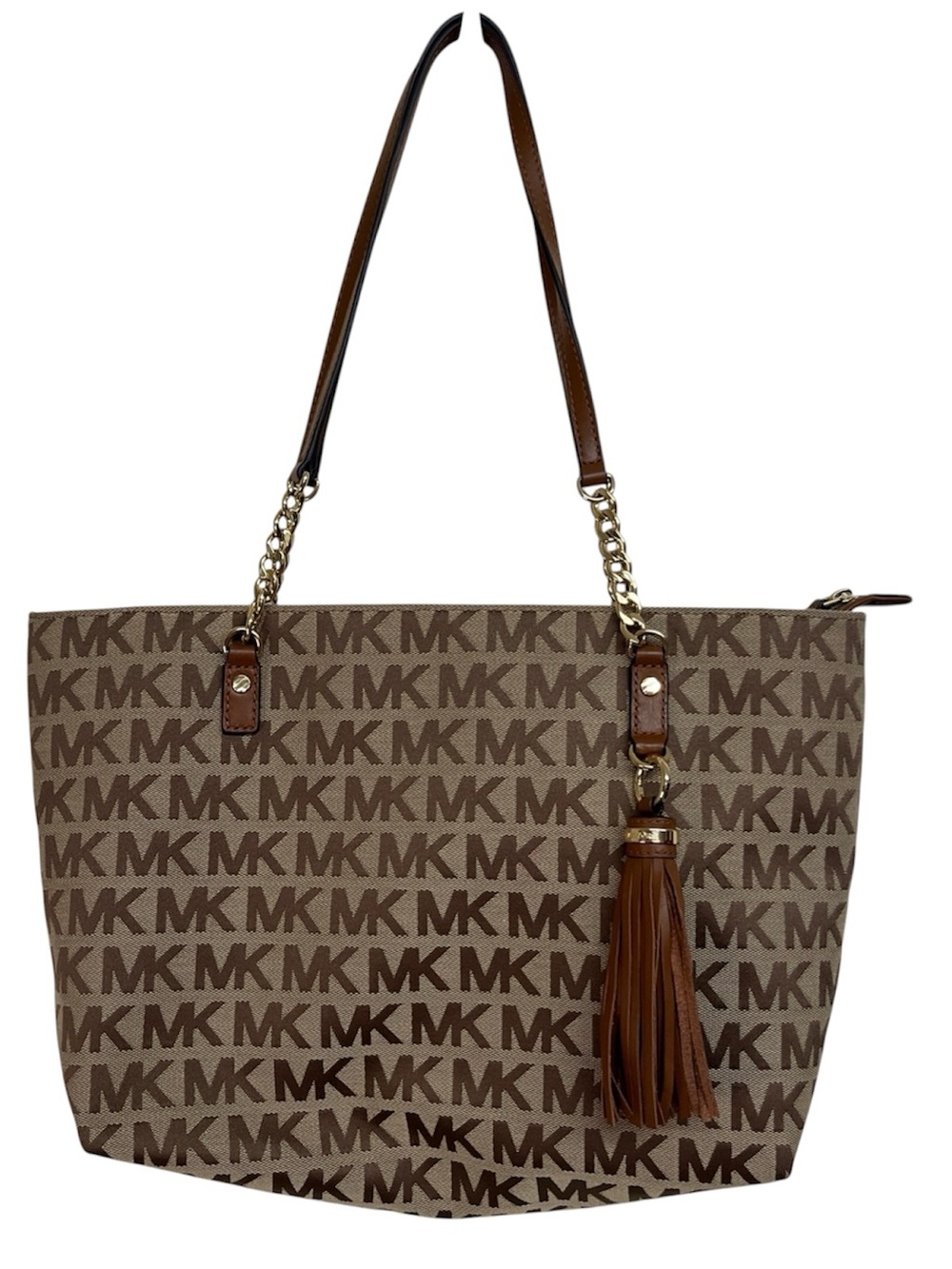 Michael Kors Jet Set Signature Chain Shoulder Tote Bag MK Brown With Tassel